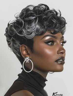 Short Curly Wig with Bangs for Black Women - Mixed Grey & Black, Trendy Glueless Hairstyle Wig