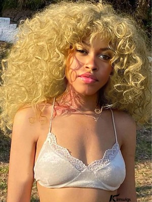 Voluminous Curly Blonde Wig - 20-Inch Lengthy Curly Afro with Bangs, Synthetic Hair, Ideal for Cosplay and Everyday Wear
