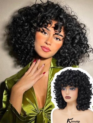 Afro Curly Synthetic Hair Replacement Short Curly Wig with Bangs Full Curl Wigs for Black Women