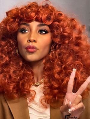 Long Curly Afro Wig with Bangs for Black Women - Big, Bouncy Synthetic Hair, No-Glue Option for Cosplay and Everyday Use