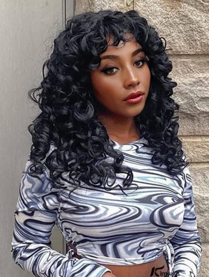 Long Curly Afro Wig with Bangs for Black Women - Big, Bouncy Synthetic Hair, No-Glue Option for Cosplay and Everyday Use