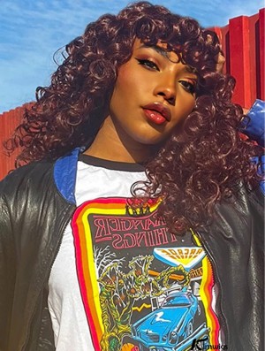 Long Curly Afro Wig with Bangs for Black Women - Big, Bouncy Synthetic Hair, No-Glue Option for Cosplay and Everyday Use