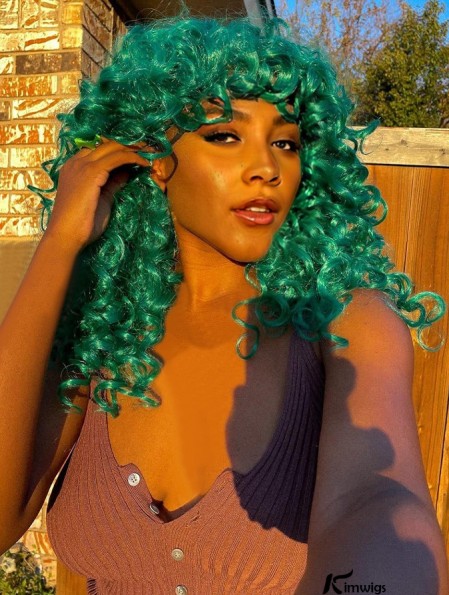 Long Curly Afro Wig with Bangs for Black Women - Big, Bouncy Synthetic Hair, No-Glue Option for Cosplay and Everyday Use