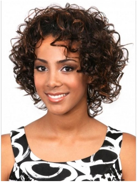 Curly Brazilian Remy Hair Brown Chin Length Sassy 3/4 Wigs