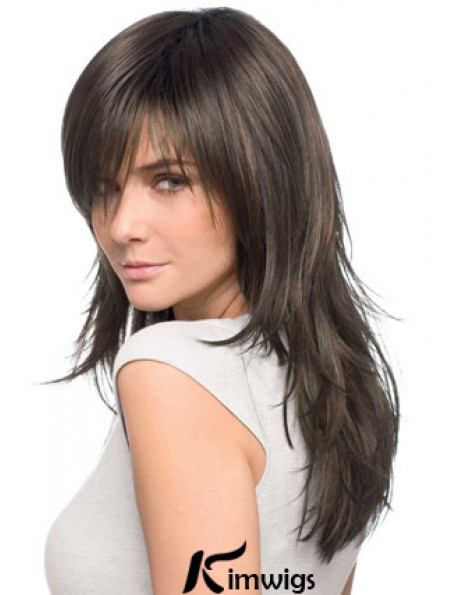 Realistic Brown Straight Remy Human Hair Easy Long Wigs With Bangs