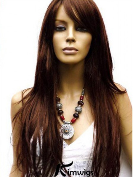 Real Hair Wig Long Length Auburn Color Lace Front With Bangs