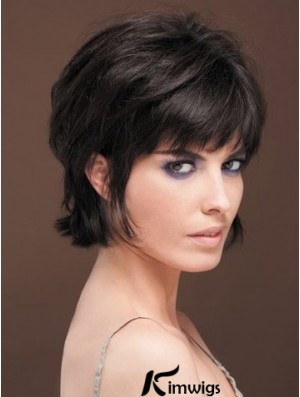 Naturally Straight Real Hair Wig With Bangs Capless Short Length Black Color