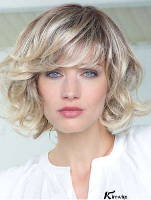 Real Hair Curly Wigs With Bangs Monofilament Shoulder Length Blonde Color