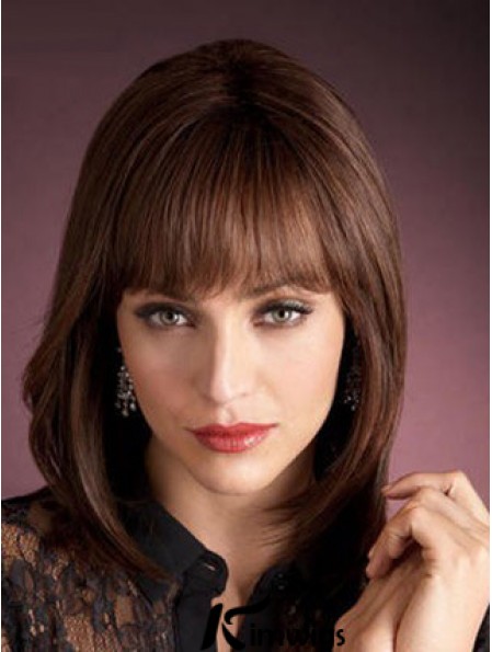 Light Auburn Real Wigs With Bangs Capless Straight Style Shoulder Length