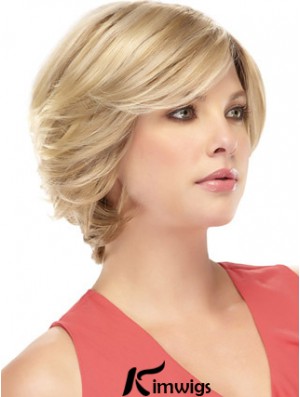 Monofilament Real Hair Wigs With Bangs Blonde Color Short Length