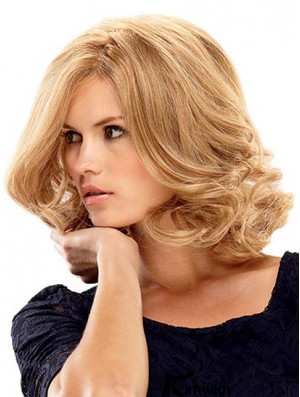 Real Hair Blend Lace Front Wigs Layered Cut Wavy Style Shoulder Length