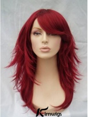 Red Real Hair Wigs Full Wig With Bangs Wavy Style Shoulder Length