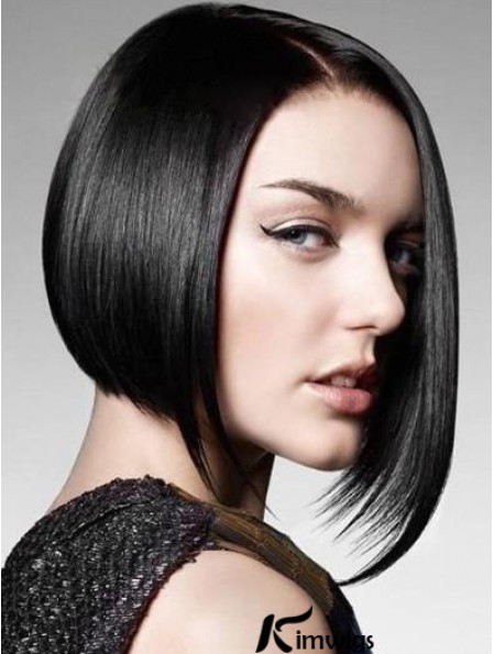 Remy Real Monofilament Chin Length Straight Black Bob Wig