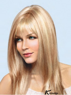 16 inch Blonde Remy Real Straight With Bangs Hand Tied Lace Wigs