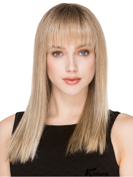 Blonde Long Real Hair Monofilament Wigs With Fringe With Bangs For Women