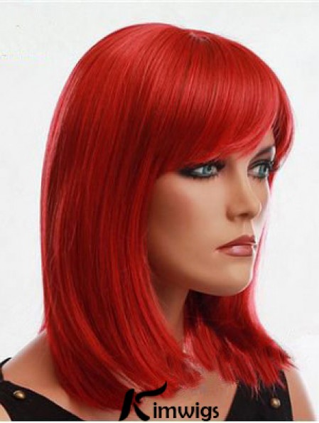 Real Hair Red Wig With Bangs Capless Red Color Straight Style