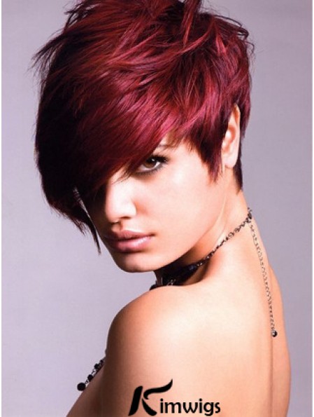 Real Hair Lace Front Wig With Bangs Short Length Red Color