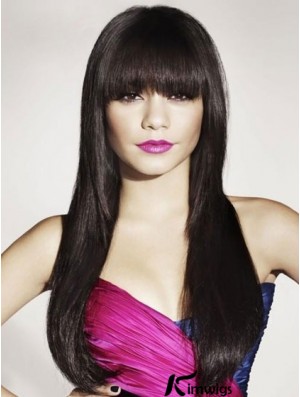 Black Real Hair With Bangs Long Length Straight Style