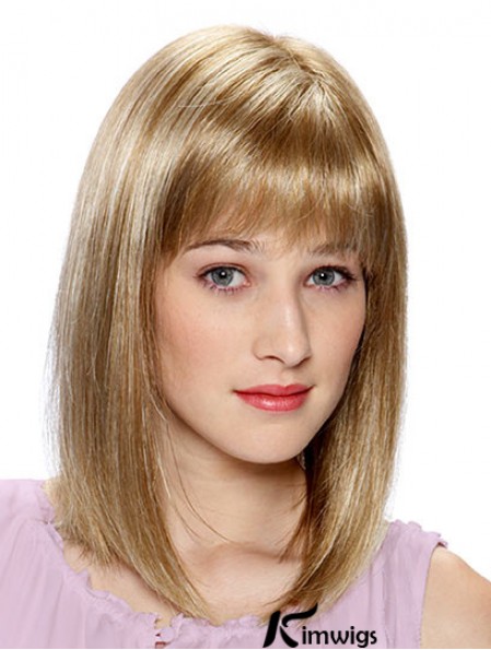 Lace Front Real Hair Wigs Blonde Color Shoulder Length With Bangs