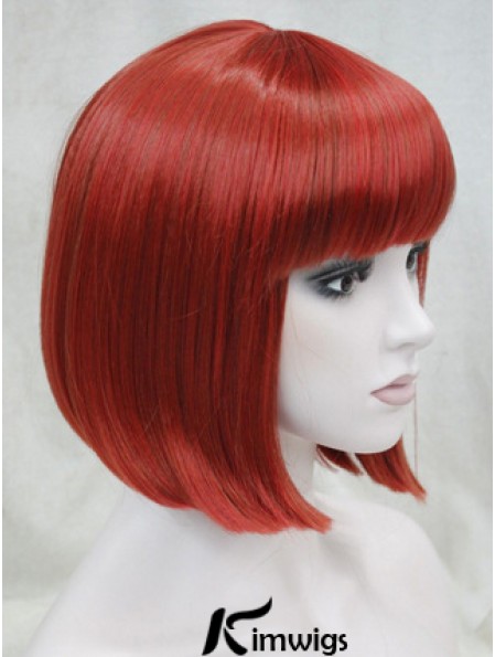 Real Hair Lace Front Wig Chin Length With Bangs Red Color