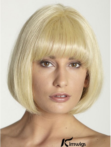 Blonde Straight Chin Length Bobs 100% Hand-tied Cheap Real Hair Wigs With Bangs