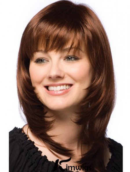 Fashionable Auburn Straight Shoulder Length Real Hair Wigs With Bangs