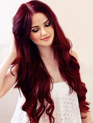 Charming Deep Red Hair Color Long Real Hair Wavy Lace Front Wigs