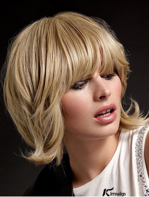 Real Hair Hand Tied Wigs With Bangs Blonde Color Shoulder Length
