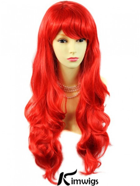 Hot Sale Real Hair Long Wavy With Bangs 24 Inches Red Wigs 