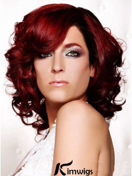 Curly With Bangs Shoulder Length Red Ideal Lace Front Wigs