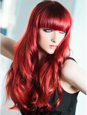 Capless Wavy 22 inch With Bangs Long Red Real Hair