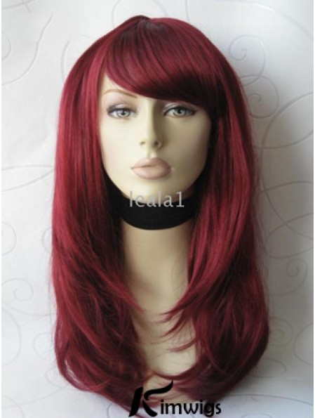 Front Lace Wig With Bangs Long Length Straight Style Red Color