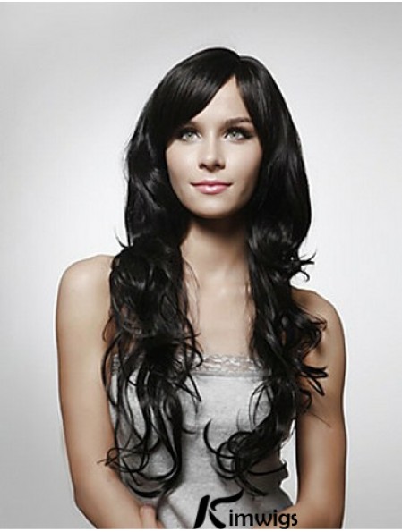 Long Curly Real Hair Wigs Layered Cut Black Color