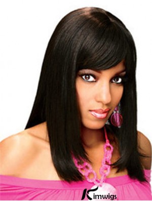 Full Real Hair Wigs With Bangs Full Lace Shoulder Length Black Color