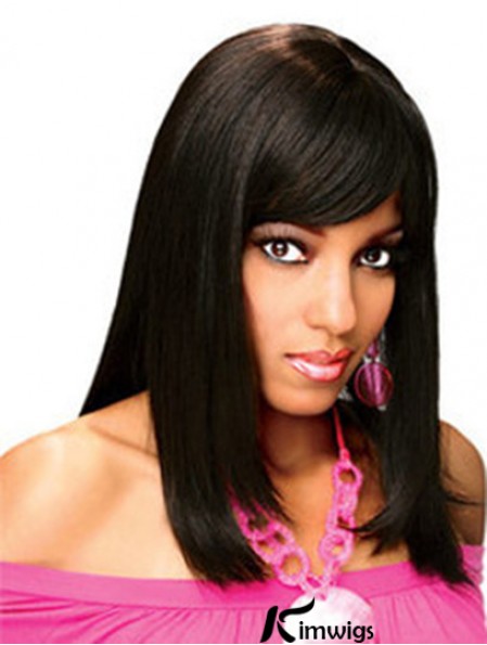 Full Real Hair Wigs With Bangs Full Lace Shoulder Length Black Color