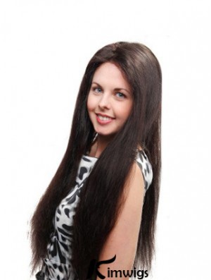 Straight Without Bangs 100% Hand-tied Sleek 26 inch Black Long Wigs