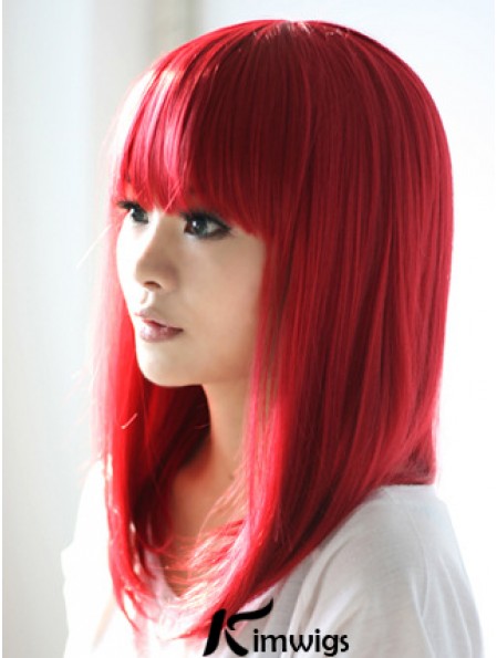 Red Synthetic Wigs With Bangs Shoulder Length Straight Style