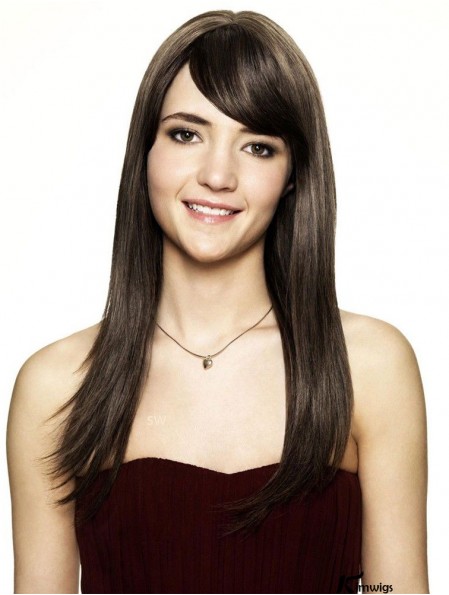 Brown Real Hair Wig Shoulder Length Straight Style With Bangs