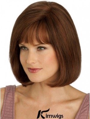 Real Hair Long Bob Wigs With Monofilament Straight Style Auburn Color