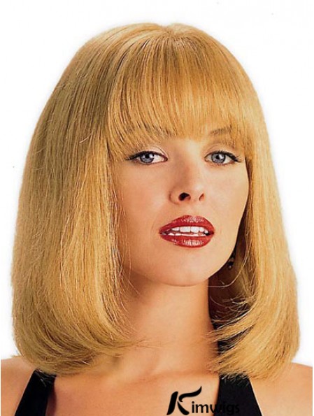 Real Hair Wig Blonde With Bangs Straight Style Shoulder Length