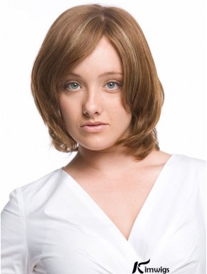 Monofilament Wavy With Bangs Chin Length Comfortable Real Hair Wigs