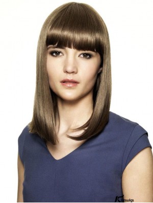 With Bangs Ideal Straight Brown Shoulder Length Real Hair Wigs