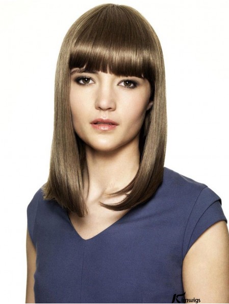 With Bangs Ideal Straight Brown Shoulder Length Real Hair Wigs