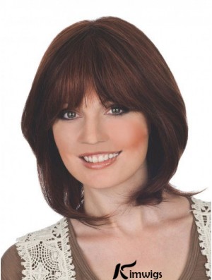 Suitable 12 inch Auburn Chin Length With Bangs Straight Lace Wigs