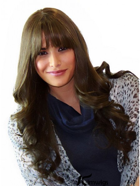 With Bangs Natural Wavy Brown Long Real Hair Lace Front Wigs