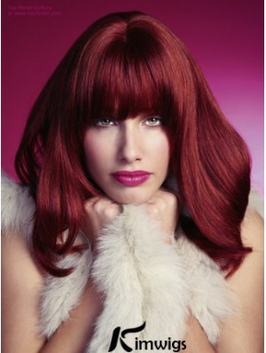 Straight With Bangs Shoulder Length Red Perfect Lace Front Wigs