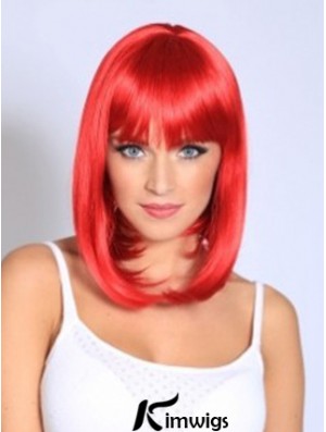 Straight With Bangs Shoulder Length Red Fashionable Lace Front Wigs