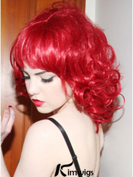 Curly With Bangs Shoulder Length Red Convenient Lace Front Wigs