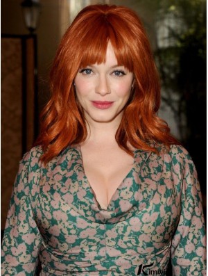 Capless Wavy With Bangs Shoulder Length 16 inch Beautiful Human Hair Christina Hendricks Wigs