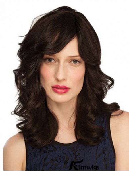 Monofilament Wavy With Bangs Shoulder Length 14 inch Good Real Hair Wigs